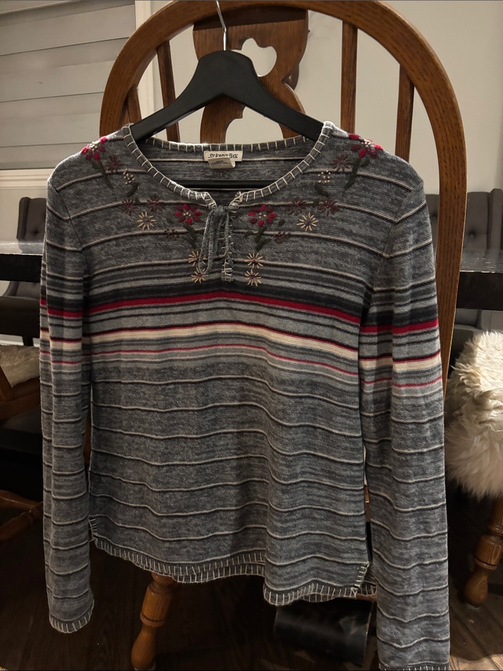 St. John's Bay Gray Striped Long-Sleeve Top with Pink Floral Embroidery